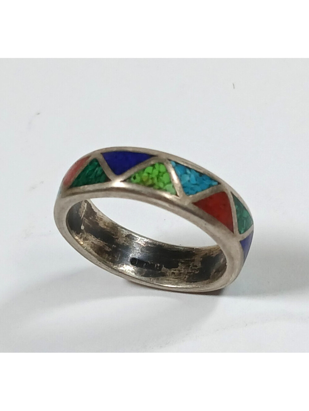 Vtg. S Silver Turquoise Coral Lapis Gaspeite Coral Chip Inlay Band Ring Sz 10.25